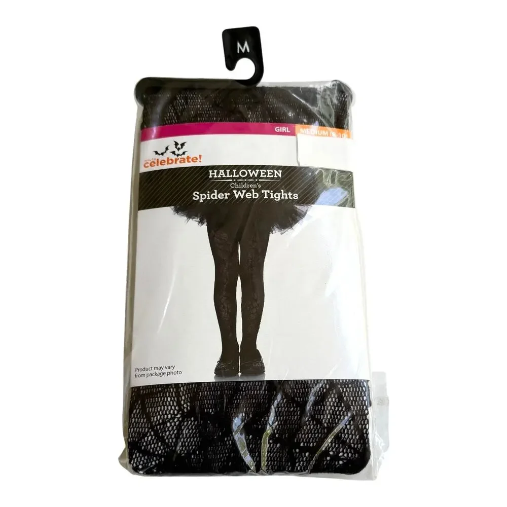 Halloween Spider Web Tights Girls 8/10 MED Black Lace Mesh Wicked Costume New